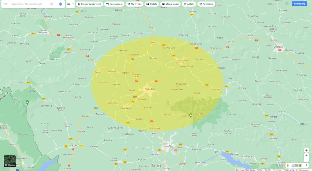 Mapa obszaru świadczenia usług GoTaxi-Rabka.pl