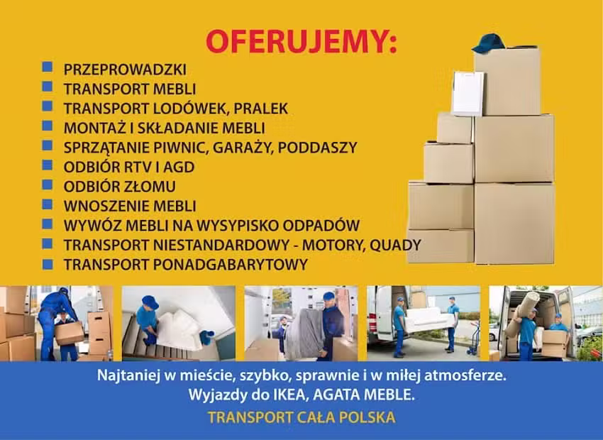 Przeprowadzki Elbląg, Transport Elbląg, Bagażówka, Wnoszenie Mebli i sprzętu AGD